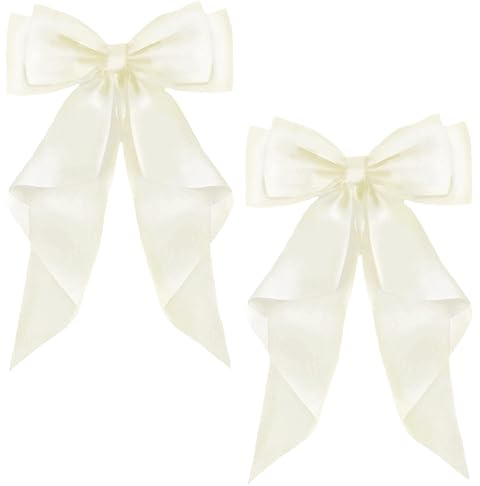 ZEVONDA Pack of 2 Big Bow Hair Clips - Solid Color Large Bowknot Hairpin Hair Clip with Long Silky Satin Tail Hair Barrettes Accessories for Girls Women, Milky White