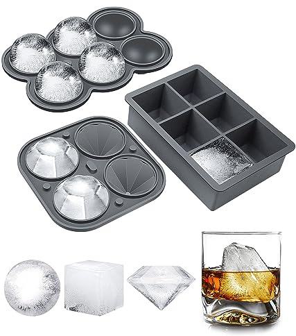 Silicone Large Ice Cube Molds (Set of 3), 6 Ice Ball Maker Mold, 6 Square Ice Cube Mold，4 Diamond, Reusable Whiskey Ice Mold, Ice Molds for Cocktails, Bpa Free, Freezer Ice Cube Tray (Grey)