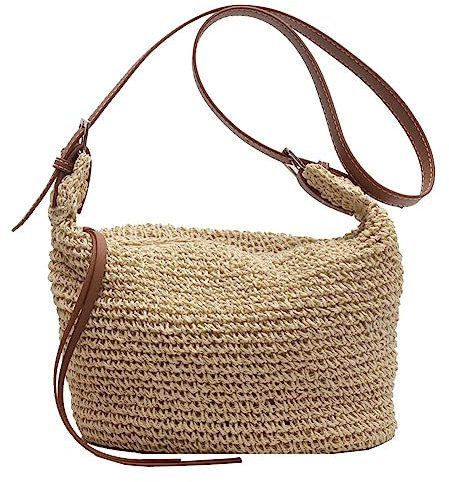 GSenhui Stroh Handtasche Damen Sommer Strandtasche Stroh Groß, Korbtaschen Damen Strohtasche mit Leder Schultergurt, Strohtaschen Böhmische Handgewebt,Geflochten Basttasche für Reisen Strand