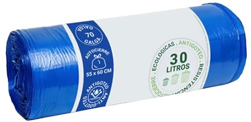 Almericorp Bolsa de basura Azul 55x60 de 30 litros, autocierre, Paquete 20 unidades (10)