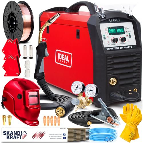 Ideal Expert MIG 250 PFC - Soldador Inverter Profesional 250A - Sinergia y 4 Rodillos - MIG/MAG, MMA, TIG Lift - Soldadura por Puntos, Inductividad - 2T/4T, Memoria de Ajuste - Set Premium
