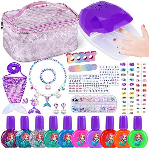 Lubibi Set di Smalti per Unghie Bambina Con Asciuga Unghie, Borsa e Gioielli da Sirena - Kit Trucchi e Giochi - Regalo 3-10 Anni
