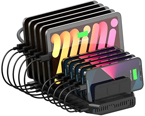 Alxum 60W 10 Ports Multi-Device Charging Station With 1*QC3.0 Fast Charge+9*USB A Port, Organizer for Tablet, Mobile Phone and More Black