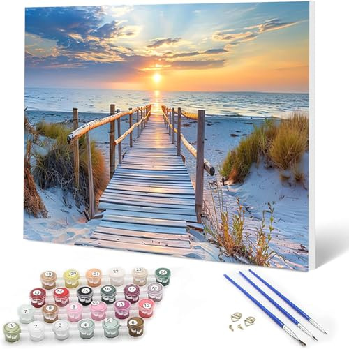 Auremi Beach Sunset Paint by Numbers Kits for Adults Kids,Landscape Painting Kits for Beginners On Clear Symbols Canvas with Wooden Framed, Easy Landscape DIY Acrylic Pigment Drawing Paintwork 20x30cm