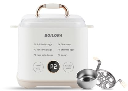 BOILORA Egg Cooker for Soft, Medium & Hard Boiled Eggs, 5-Egg Capacity Hard Boiled Egg Cooker & Egg Boiler with 24-Hour Delay Timer, Egg Steamer, Stainless Steel Rack, BPA-Free, Auto Shut-Off
