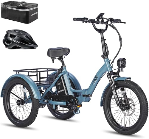 Fafrees Electric Tricycle for Adult Folding Electric Trike Removable Battery 48V18.2Ah Ebike, 110KM Max Range, 3-Wheel 20 Electric Bike, with LCD Display,Hydraulic Disc Brakes,Blue(Rear Bag, Helment)