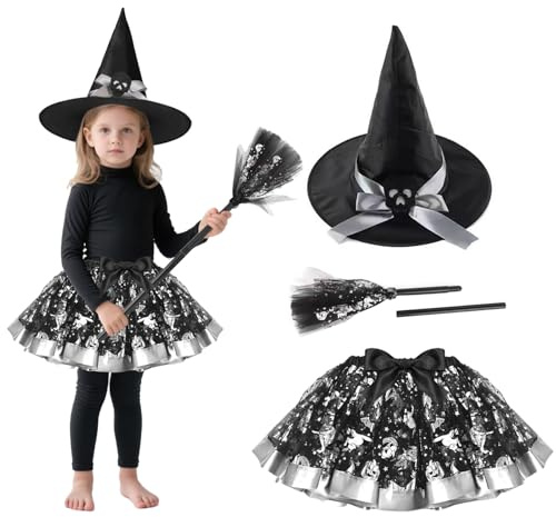 Costume de sorcière d'Halloween pour enfant fille, 3 pièces, avec robe en tulle noir argenté, balai de sorcière pour enfant, chapeau de sorcière pour enfant, costume d'Halloween fille pour Halloween