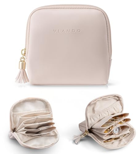 Vlando Travel Jewellery Box, PU Leather Travel Jewellery Case with Zipper, Velvet Lining Jewellery Pouch for Rings, Bracelets & Necklaces,Pink