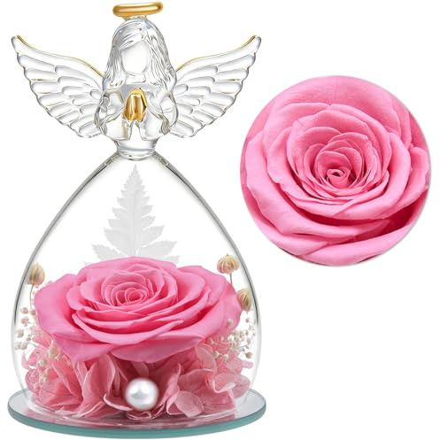 YiHuaHua Regalos Navidad de Angel para Mamá Ella, Rosa Eterna en Cúpula de Cristal de Angel, Flores Preservadas Regalos Navidad Mama Abuela San Valentín Dia De la Madre Aniversario Pareja
