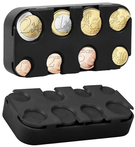 MOLIMOLI Caja de Monedas 2: Clasificador y Almacenamiento pequeñas plástico, dispensador Euro para Coche - Portamonedas con 8 Compartimentos Monedas 2€ a 1 céntimo, Ahorro Espacio