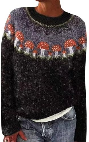 Rund hals tröjor för kvinnor Storbritannien norska kvinnor stickade överdimensionerade tröjor långärmad toppar tröja varm lösa tröjor stickade crew-neck tröja vinter pullover lätta tröjor, Svart, M