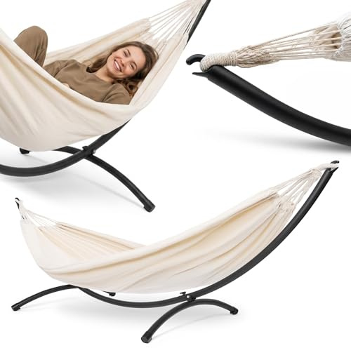 HyperMotion Hamac Set avec Armature Arc en Métal, Cadre Acier Peint en Poudre 300x100x96 cm, Tissu 50% Coton et 50% Polyester 200x150 cm, Beige, 100 kg