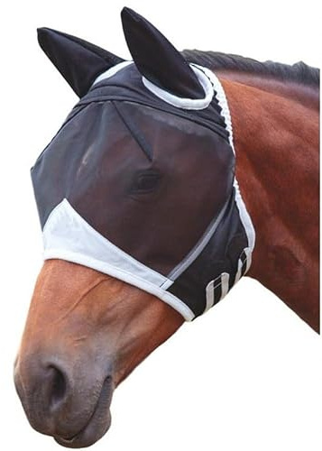 Masque Anti-Mouches pour Chevaux avec Oreilles, Taille réglable, Haute Élasticité, Respirant, Protection UV, moustiquaire en Maille,Grands Yeux, Ouverture pour La Crinière (Large)