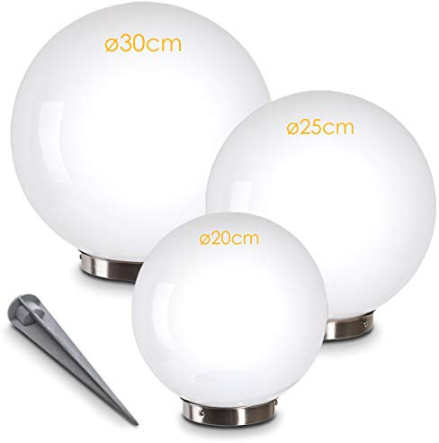 Lampada solare Nassau, set di 3 lampade a sfera in plastica bianca, Ø 20, 25 e 30 cm con picchetto a terra, con interruttore on/off, lampade solari con interruttore crepuscolare