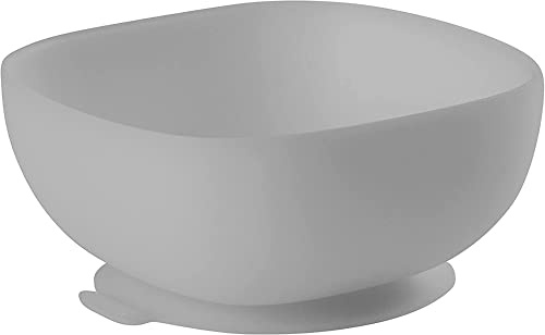 BÉABA, Bol Ventouse pour Enfant, 100% silicone, matière douce et très resistante, Adhère table/tablette chaise haute, Languette permettant de soulever l’assiette, Compatible micro-onde, Gris