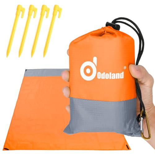Odoland Picknickdecke Stranddecke 200 * 140 cm mit 4 Heringen Ideal für den Park Wandern Reise und Camping Orange
