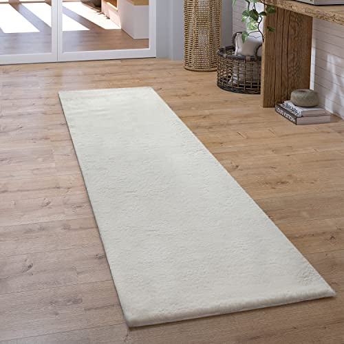 Paco Home Teppich Läufer Hochflor Wohnzimmer Flur Flauschig Schlafzimmer Fell Kunstfell Modern Fellimitat Einfarbig, Grösse:80x150 cm, Farbe:Creme