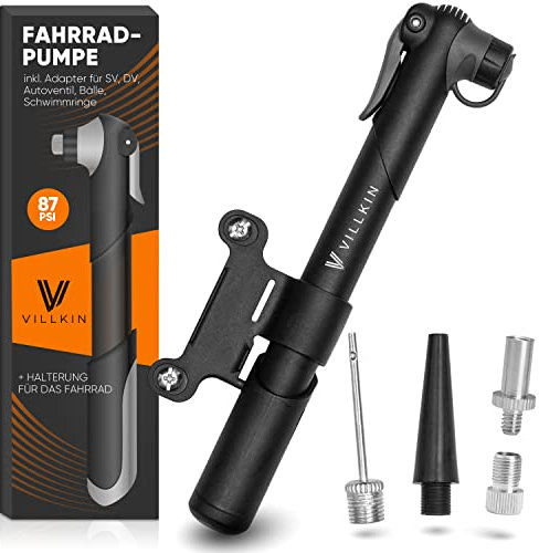 Villkin Fahrradpumpe 87 PSI für alle Ventile – Inkl. Adaptern für (SV) Presta, (AV) Schrader, (DV) Dunlop-Ventil & Bälle – Pumpe kompatibel für Mountainbike, Rennrad, BMX und weitere Fahrräder