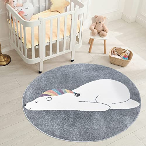 carpet city Matta barnrum djurmotiv – grå – 160 cm rund – barnmatta med kort lugg björn med sovmössa – mjuk lugg