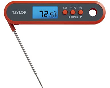 Taylor Digital Waterproof Meat Thermometer for GLP-1 High Protein Meal Prep – Folding Probe for Chicken, Salmon, Steak – Programmable Presets, Backlit Display for Oven, Grill, Orange