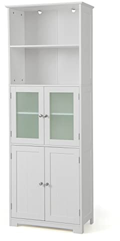 Multigot Bathroom Tall Cabinet, Freestanding Storage Floor Cupboard with Tempered Glass Door & Adjustable Shelves, Wooden Slim Organizer Shelf for Bedroom Living Room Kitchen (White)