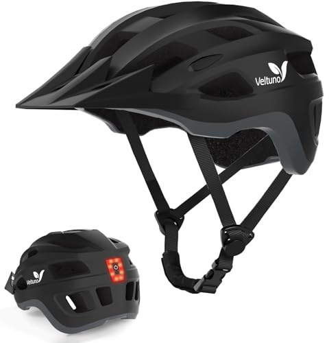 Veltuno Bike Helmet for Adults, Lightweight Mountain Bicycle Helmet with USB Rechargeable LED Rear Light, Removable Sun Visor for Women, Men, Suitable for Cycling and Commuting (Black, Large)
