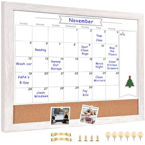 Umtiti Monthly Calendar Dry Erase White Board & Cork Bulletin Board，13 x 17 Brown Wood Frame，Magnetic Surface Whiteboard.Perfect for Organizing Your Space.Whiteboard+Cork-3442A-WH