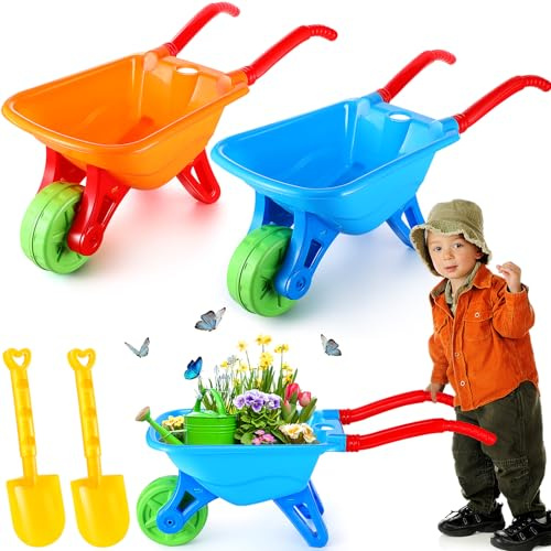 Motionchic 2 Set Kid Wheelbarrow Set, Kids Gardening Tool with Long Shovel Sets, Pretend Indoor Outdoor Activities Gifts for Boys and Girls, Lightweight Plastic Wheelbarrow(Orange Blue)