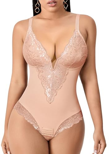 YARRCO Body Reductor Mujer Adelgazante Tanga Escote V Body Moldeador de Encaje Faja Reductoras Control de Abdomen Posparto Shapewear Bodysuit Sin Costuras