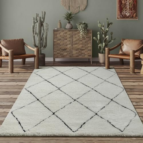 the carpet Bahar Shaggy Elegant Designer Living Room Rug, Soft & Easy-Care High Pile Living Room Rug in Cream/Black, 160 x 230 cm