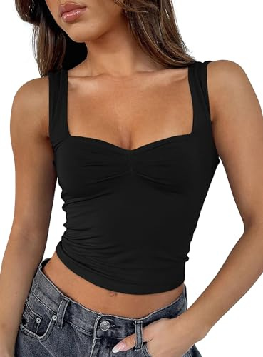ROFUSSO Canotta Estiva da Donna Senza Maniche Y2K Canottiera Sexy Plissettata con Scollo a Cuore e Bustier Tank Top con Spaghetti Senza Spalline con Canotta di Base