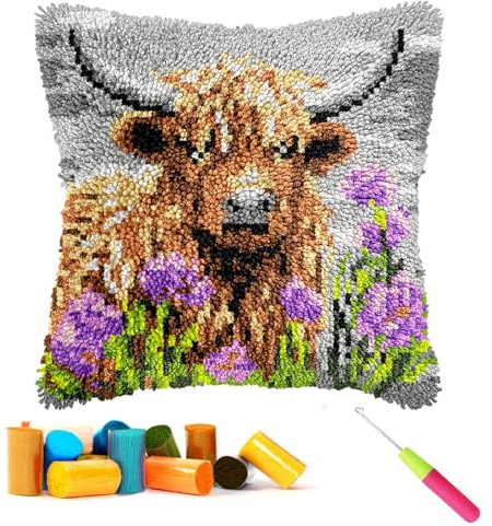 CCWROAN Highland Cow Cushion Covers Craft Kits Animal Latch Hook Kits for Adults Beginners Kids Making Crochet Pre Printed Canvas Wool Yarn Hobbies DIY Sofa Home Decor Women Gift 4