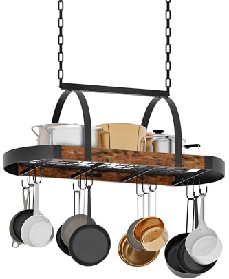 CHOEZON Küchenregal hängend, Küche Topfregal Deckenregal, Hängendes Küchenregal, Küchenutensilien-Organizer mit 12 S-Haken, Küchentopfhalter, platzsparend, Vintagebraun und Schwarz DTPR08BFC1