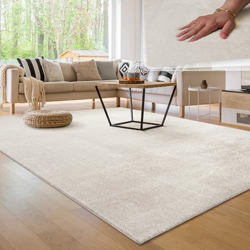 Paco Home Tapis Salon Moelleux Ultra Doux à Poils Courts - Antidérapant, Lavable, Confort Idéal pour Salon et Chambre, Couleur:Crème 4, Dimension:200 cm carré