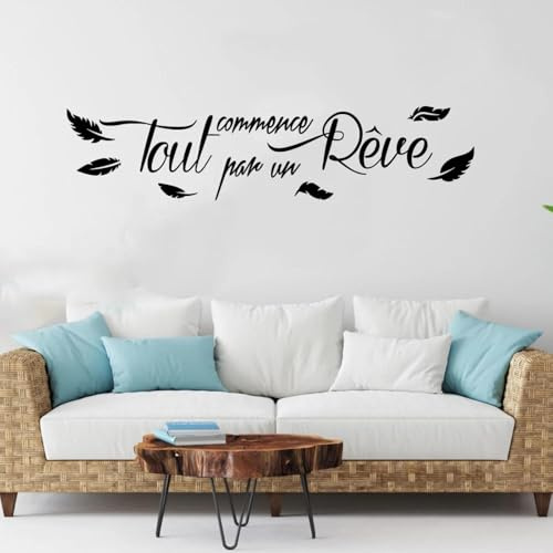 YOZYOOOZ Sticker mural plume de rêve étoile française chambre enfants et adolescents tout commence par un rêve citations inspirantes sticker mural décoration salon peinture murale