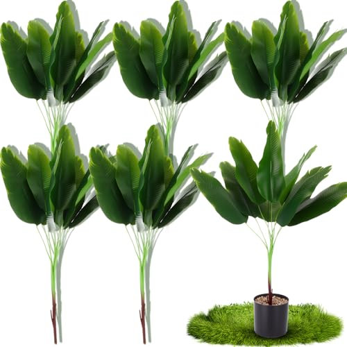 Giegxin 6pcs Artificial Plants 32” Faux Banana Tree Leaves with Stems Tropical Monstera Leaf Fake Turtle Palm Leaves Tropical Plants for Wedding Floral Hawaiian Beach Party Indoor Outdoor Garden Decor