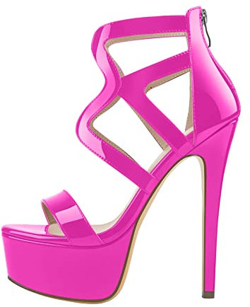 blingqueen Damen Riemchensandalen Plateau Sandalen Schaftsandalen Stiletto Absatz High Heels Sandaletten Lackleder Pink 46 EU