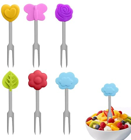 Piekser Fingerfood - Juego de 6 tenedores de fruta para niños, de acero inoxidable, para fiestas, picnics, fiambreras, tenedores de pastel, aperitivos y brochetas de frutas
