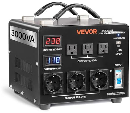 VEVOR Convertidor de Voltaje, 3000 VA, Transformador Elevador/Reductor Automático, de 110 V a 220 V y de 220 V a 110 V, con 3 Tomas de Corriente de EE. UU. y 3 de UE, Pantalla LCD y Disyuntor