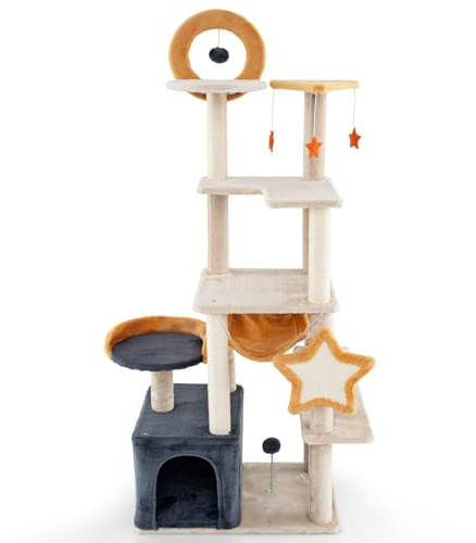 GOPLUS Kratzbaum groß, 160 cm Katzenbaum mit Plattformen, mehrstockiger Katzenkratzbaum mit 2 Sitzstangen, Hängematte, Höhle, Sisalkratzbrettern, hängenden Spielzeugen & Ball, für Kätzchen