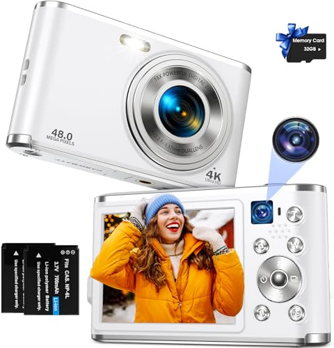 Digitalkamera, AutoFocus 4K Fotokamera mit Dual-Kamera, Fotoapparat Digitalkamera mit 32GB Karte,16X Digitalzoom,2,8 großem Bildschirm Vlogging Kamera Tragbare Point-and-Shoot-Kameras für Teenager
