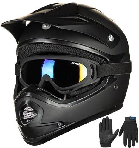 ILM Barn motorcykelhjälm Cross Dirt Bike pojke och flicka för unga unisex godkänd ECE22.06 Full Face Off Road ATV enduro MTB med glasögon handskar modell B07, matt svart, XL