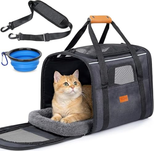 Morpilot Cat Transport Box for Large Cats and Puppies up to 9 kg, Cat Box, Dog Bag with Safety Zips, Foldable Bowl, Transport Box for Cats and Dogs for Going to the Vet, Black