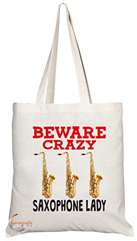 Coralgraph Inc TB342 Beware Crazy Saxophone Lady Novelty Present Gift Printed Eco-Friendly Stylish Long Handled Tote Shoulder Bag