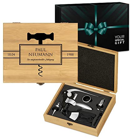 Maverton Weinöffner-Set personalisiert Weinset Sommelier Set - Geschenkbox Holzbox + 6er Weinzubehörset - aus Bambus - Braun - Geschenk zum Geburtstag für Männer - Ein ausgezeichneter Jahrgang