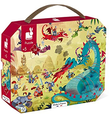 Janod - Puzzle für Kinder Drachen, 54 Teile - Lernspiel - Feinmotorik und Konzentration - Koffer mit Griff - hergestellt in Frankreich - FSC-zertifiziert - Ab 5 Jahren, J02615