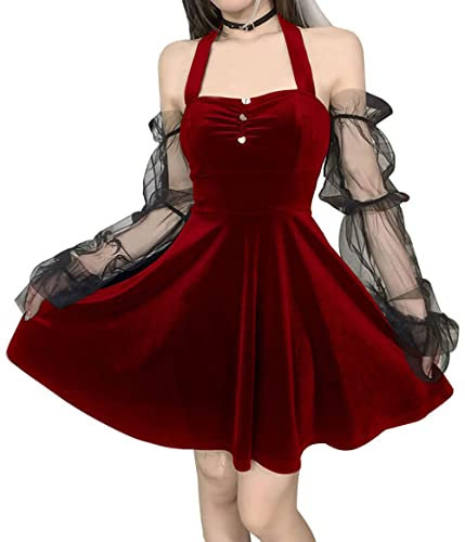 DINGJIUYAN Gothic Lace Short Dress Black Mini Dress V Neck Half Moon Corset Gothic Aesthetic Sexy Backless Party Dress, Red, S