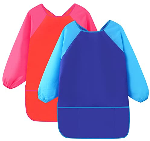 Vesaneae 2 Stück Malschürze Kinder, Malkittel Kinder Wasserdicht, Bastelschürze mit Langen Ärmeln und 3 Taschen, Kunstschürzen, Kinderschürze für Schule Kunst Malerei, Kochen, Essen, Laboraktivitäten
