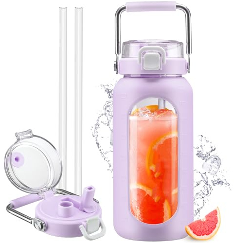 HYDRAGLAZIC 2 Liter Glass Water Bottle with Straw and Time Marker 2L Motivational Water Tumbler with Silicone Sleeve and Spout Lid Wide Mouth Borosilicate Water Jug BPA Free Leak-proof, Purple