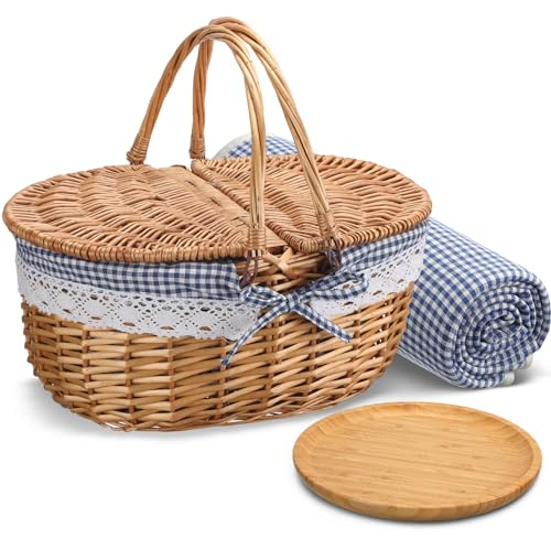 Gandeer Picnic Basket with Blankets and Bamboo Plates Picnic Supplies Set Basket with Lid and Handle Wicker Picnic Basket Sturdy Woven Body with Washable Lining for Camping(Blue)